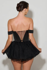 Off-Shoulder Layered Corset Micro Mini Dress in Black