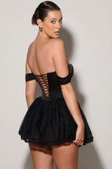 Off-Shoulder Layered Corset Micro Mini Dress in Black