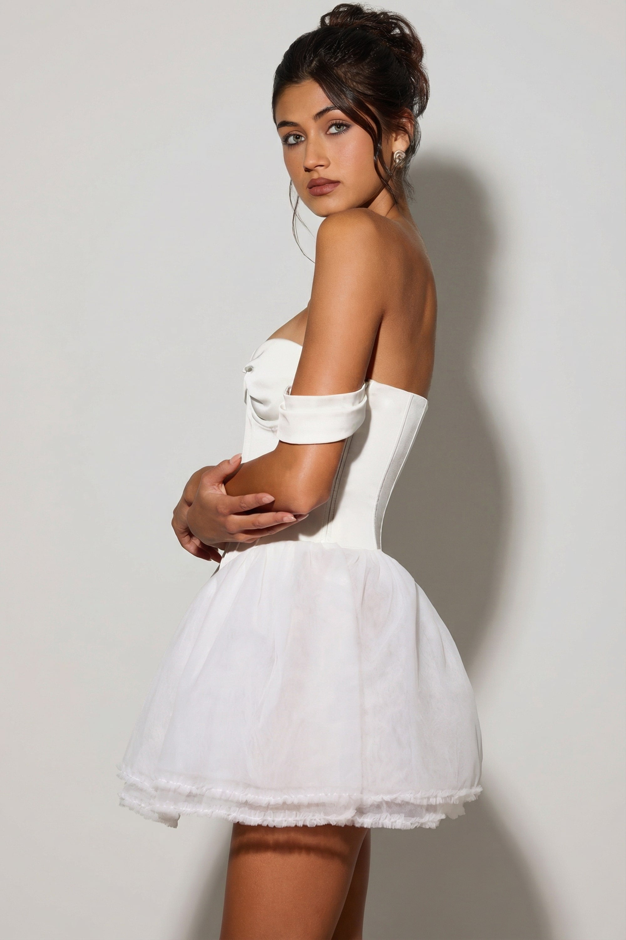 Off-Shoulder Layered Corset Micro Mini Dress in White
