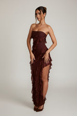 Bandeau Ruffle Detail Maxi Dress in Brown
