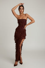 Bandeau Ruffle Detail Maxi Dress in Brown