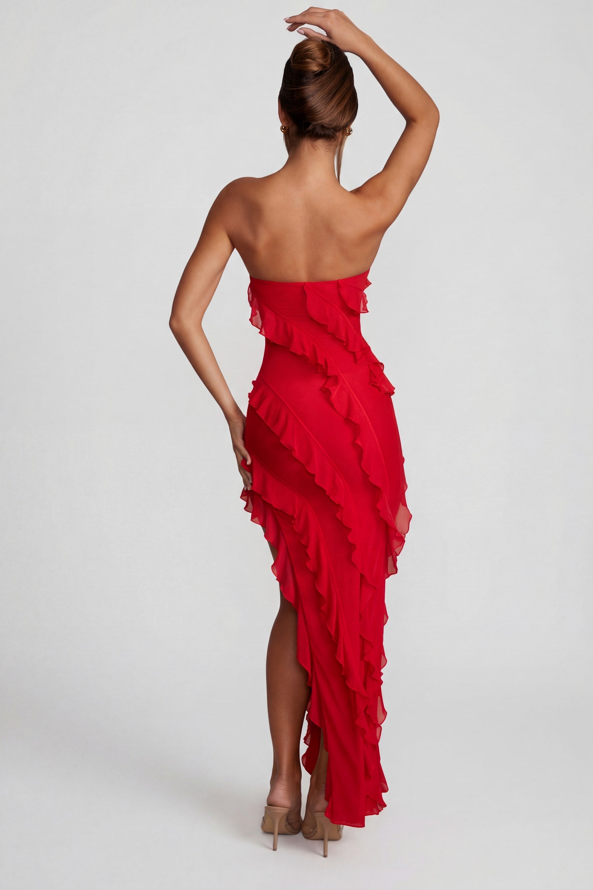 Bandeau Ruffle Detail Maxi Dress in Red