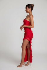 Bandeau Ruffle Detail Maxi Dress in Red