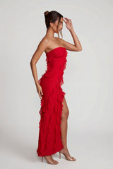Bandeau Ruffle Detail Maxi Dress in Red
