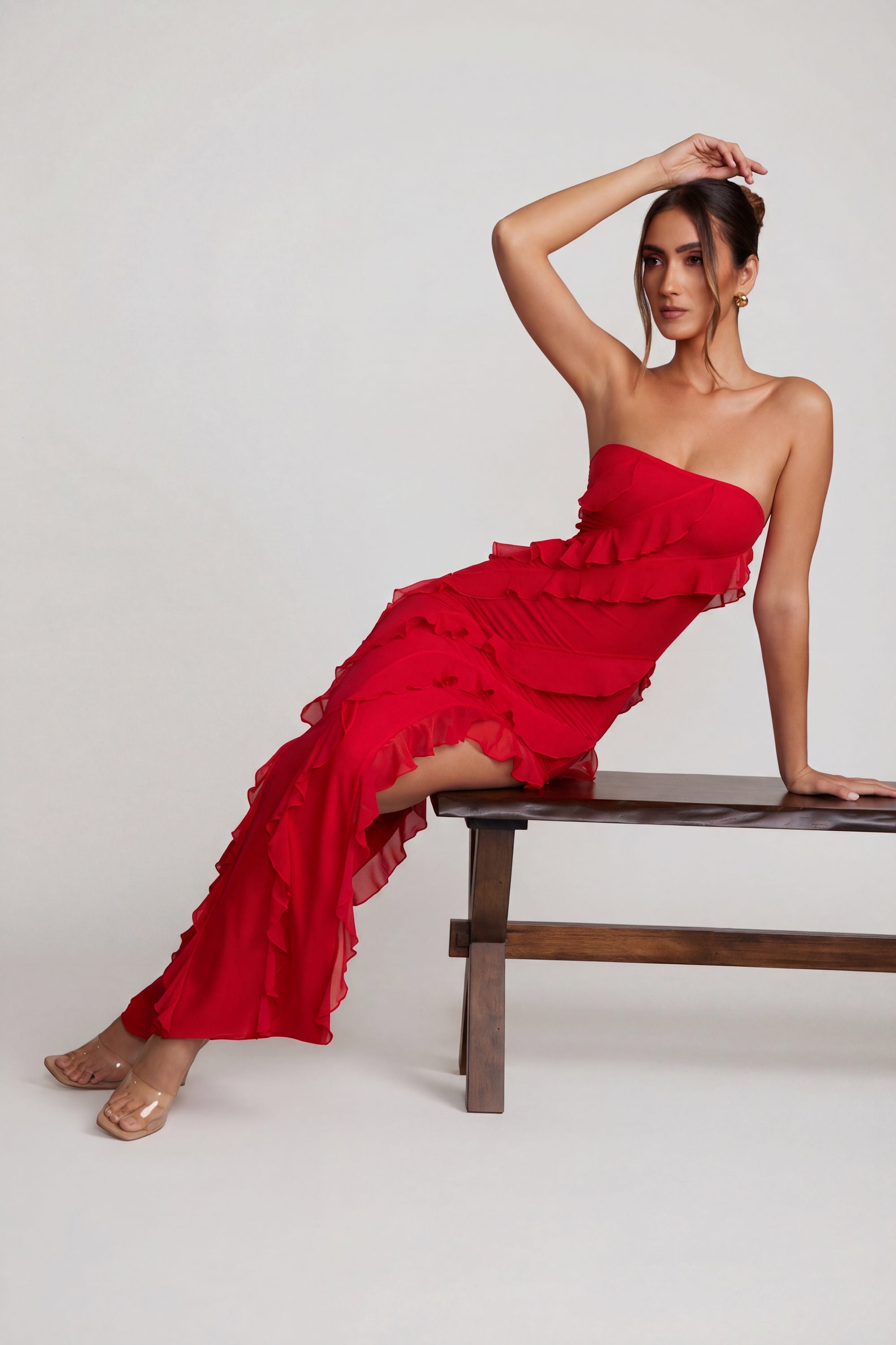 Bandeau Ruffle Detail Maxi Dress in Red