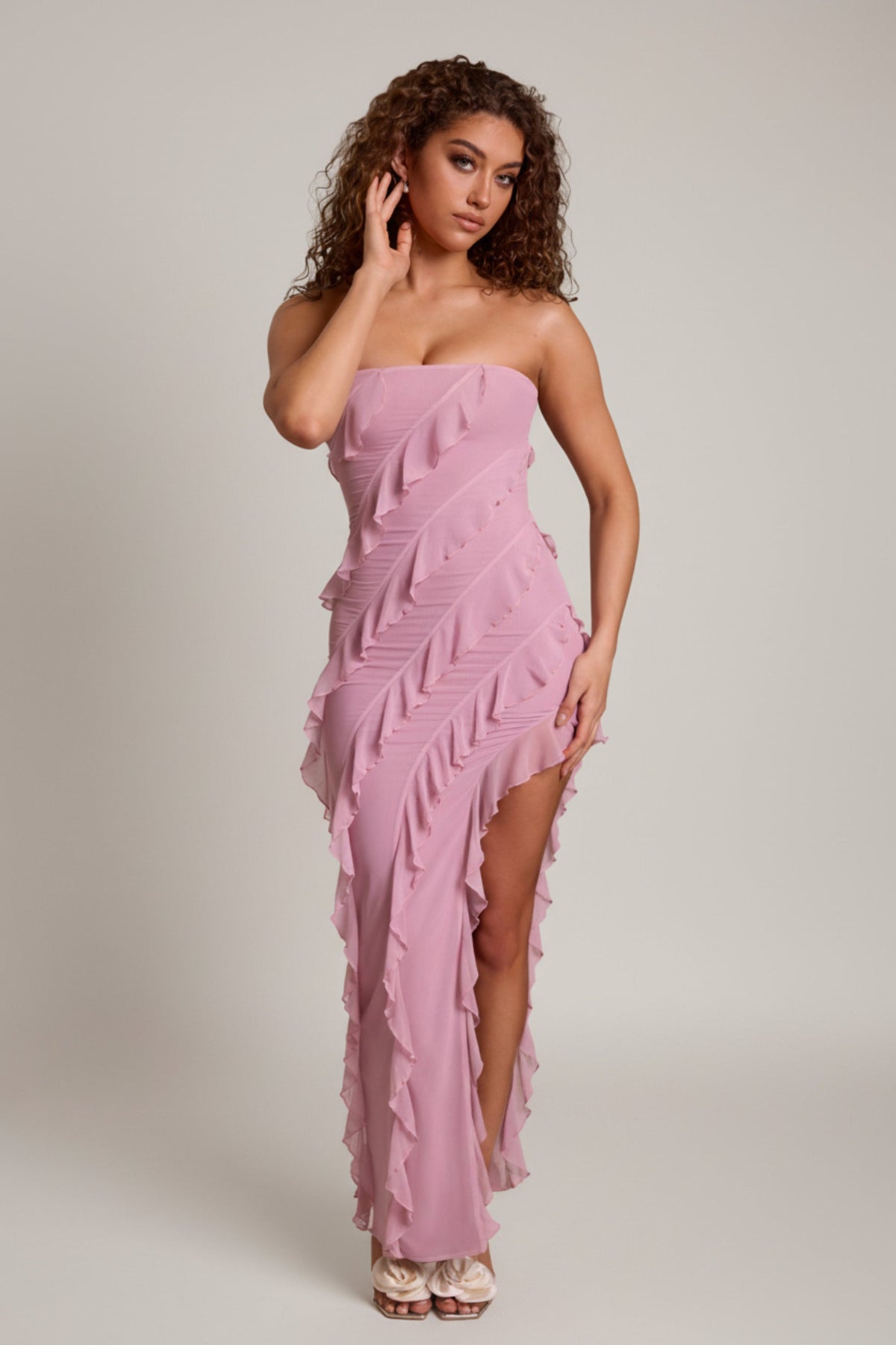Bandeau Ruffle Detail Maxi Dress in Dusty Pink