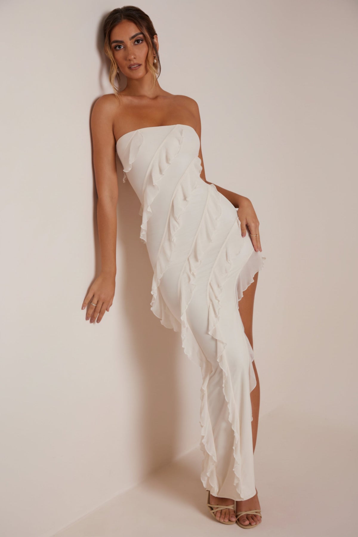 Bandeau Ruffle Detail Maxi Dress in Ivory