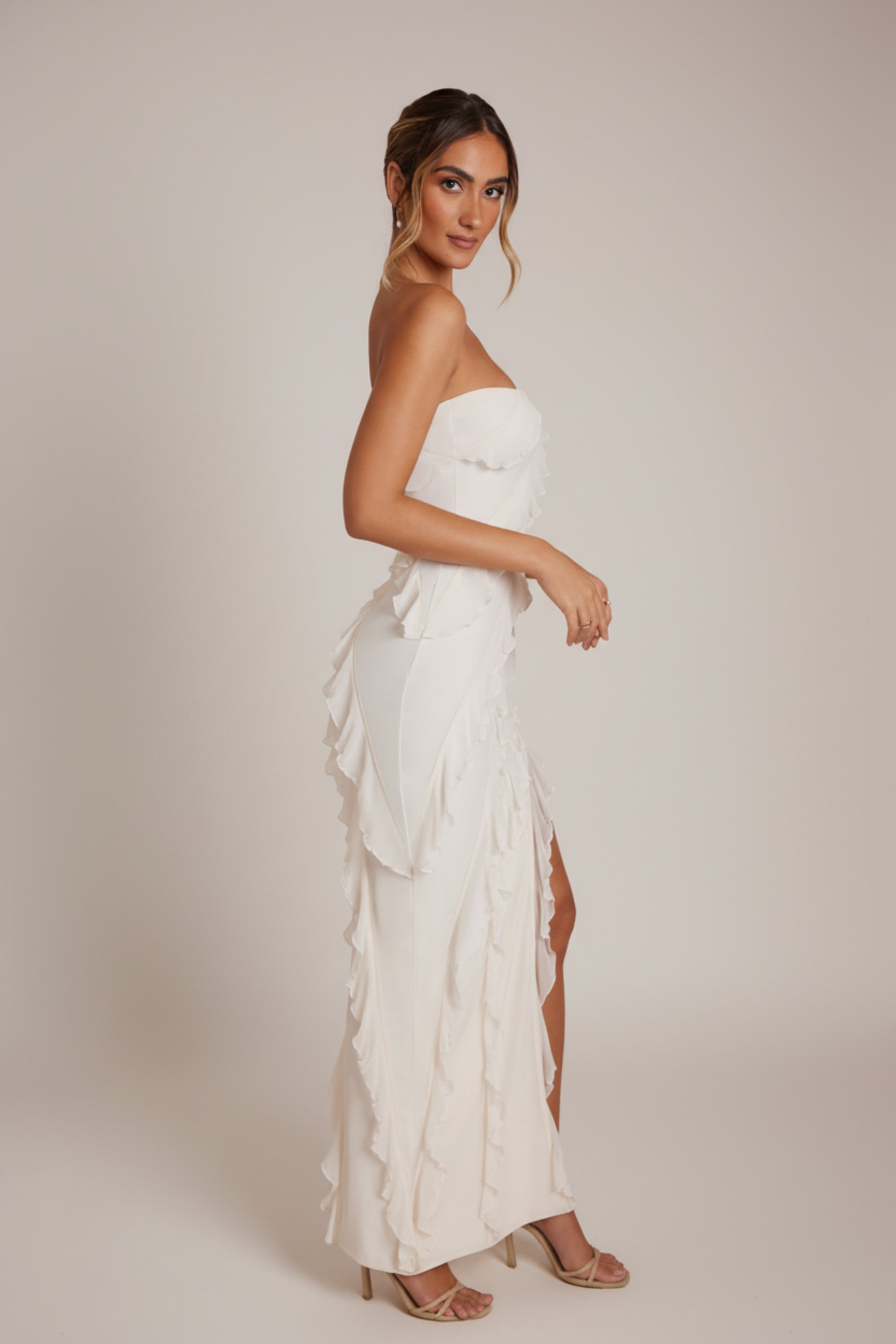 Bandeau Ruffle Detail Maxi Dress in Ivory