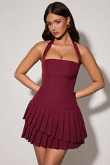 Asymmetric Layered Halterneck Mini Dress in Wine Red