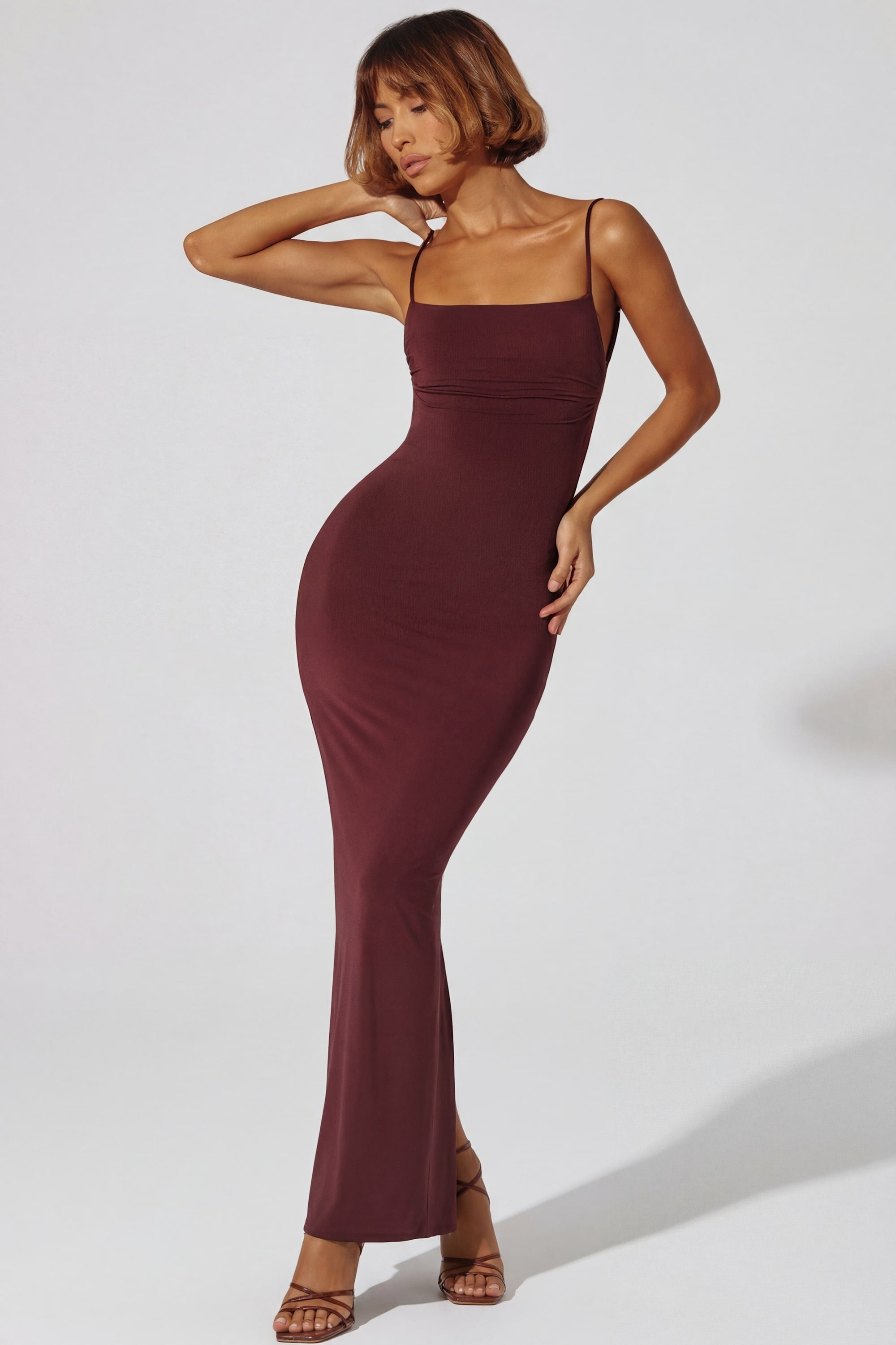 Ruched Bodycon Maxi Dress in Brown