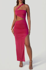 Asymmetric Neckline Ruched Cut Out Maxi Dress in Fuchsia