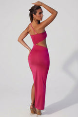 Asymmetric Neckline Ruched Cut Out Maxi Dress in Fuchsia