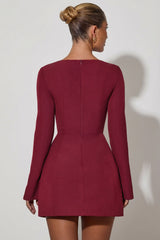 Square-Neck Structured Tulip Mini Dress in Wine Red