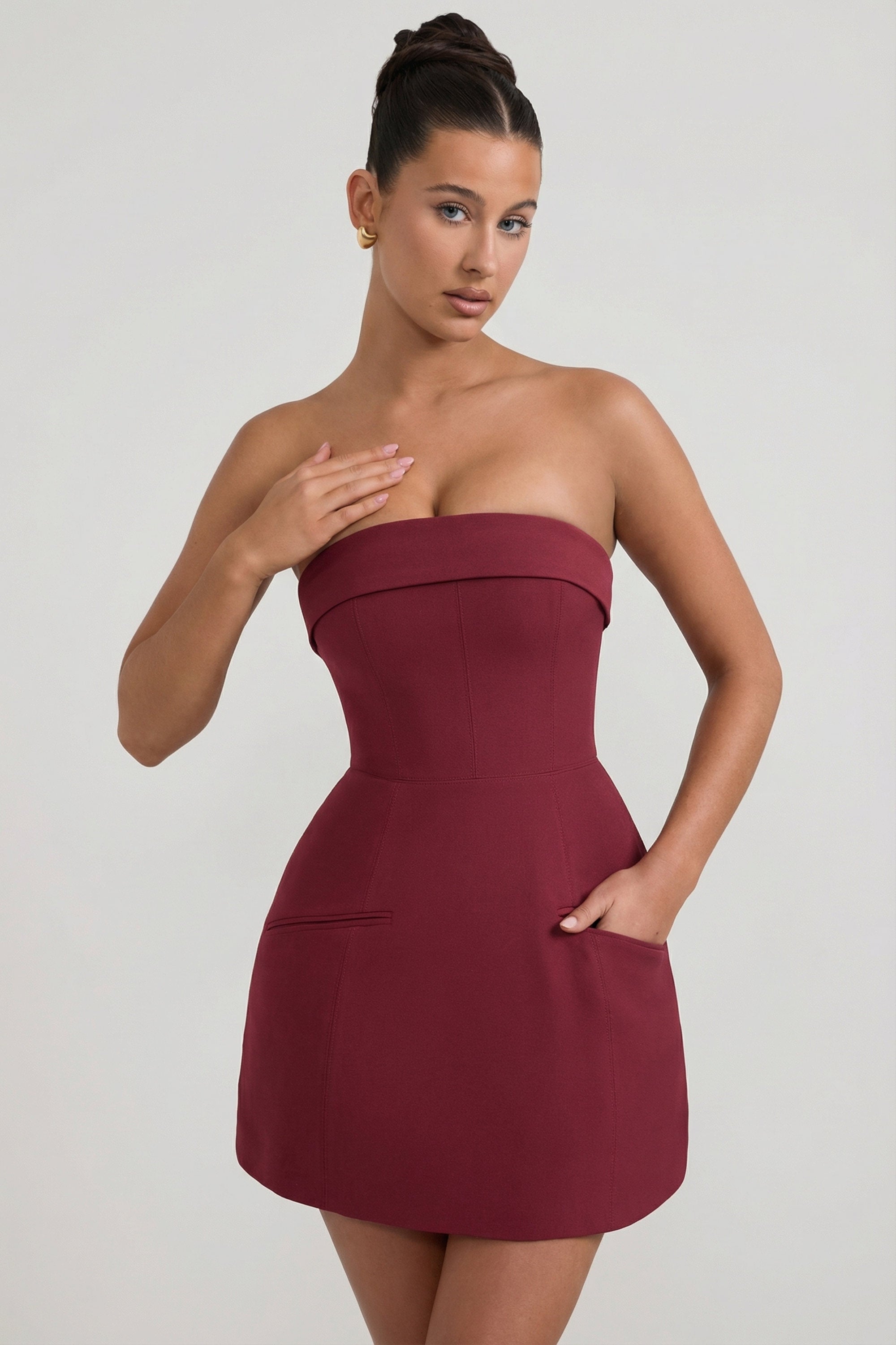 Foldover-Neck Strapless Structured A-Line Mini Dress in Wine Red
