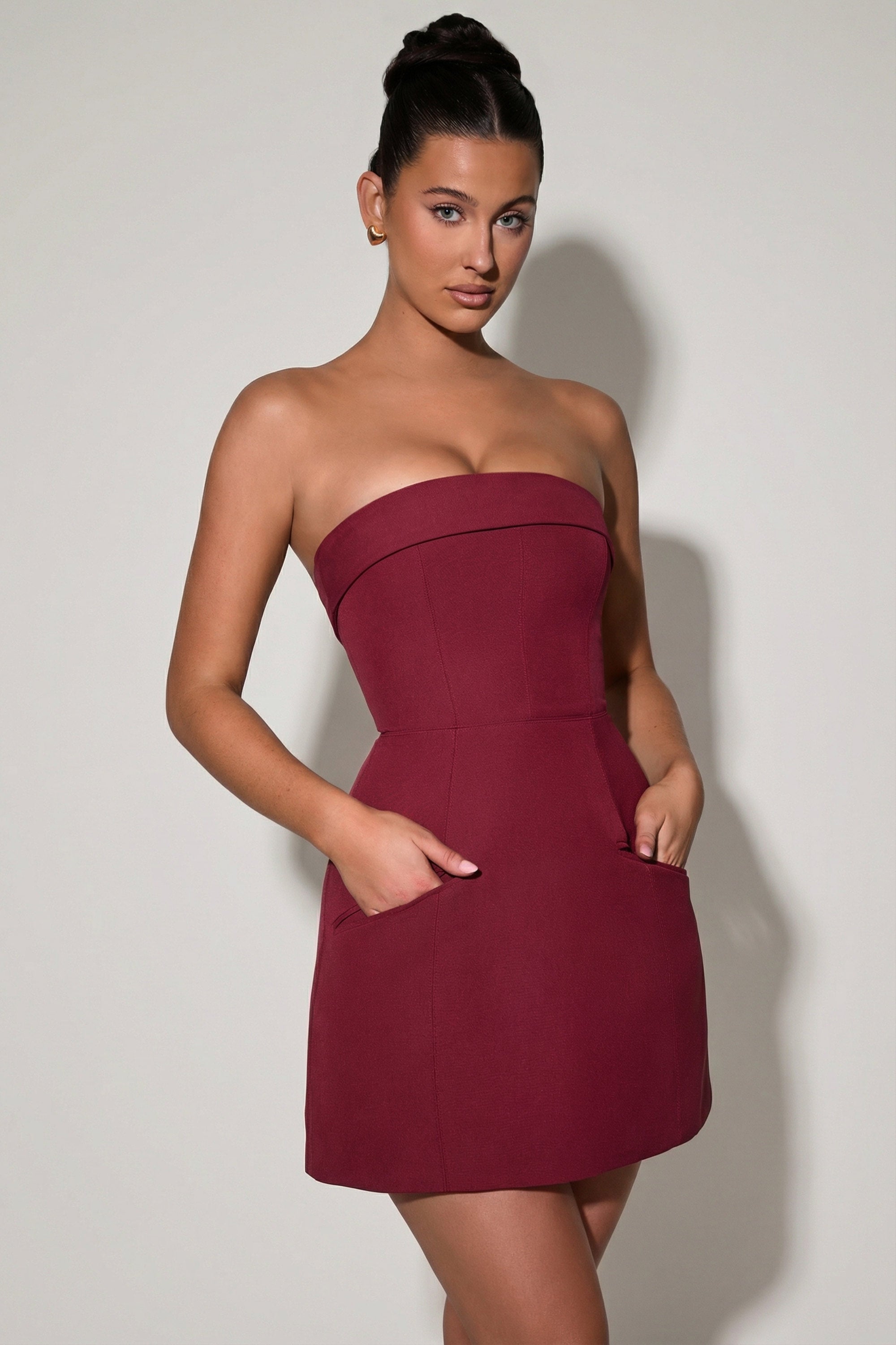 Foldover-Neck Strapless Structured A-Line Mini Dress in Wine Red