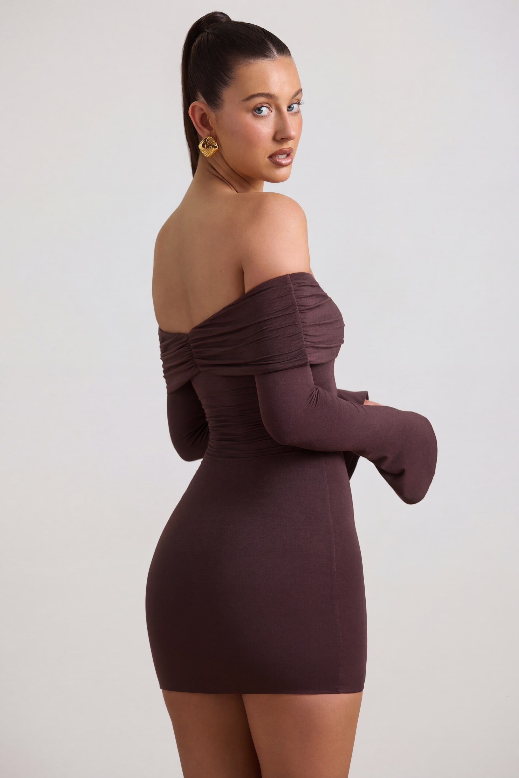 Modal-Cashmere Blend Off-Shoulder Ruched Mini Dress in Espresso