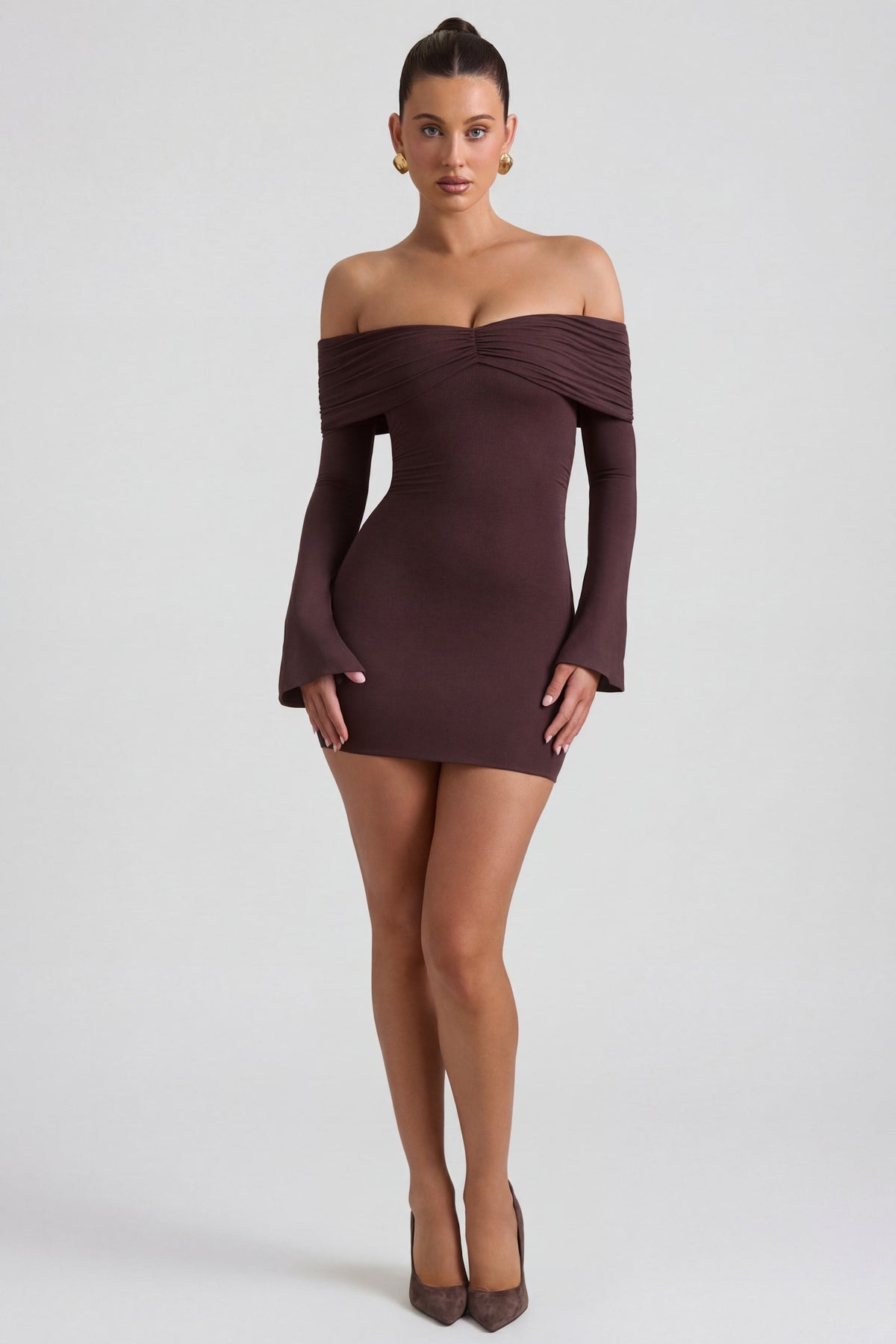 Modal-Cashmere Blend Off-Shoulder Ruched Mini Dress in Espresso