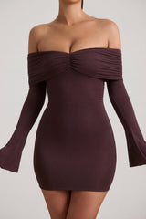 Modal-Cashmere Blend Off-Shoulder Ruched Mini Dress in Espresso