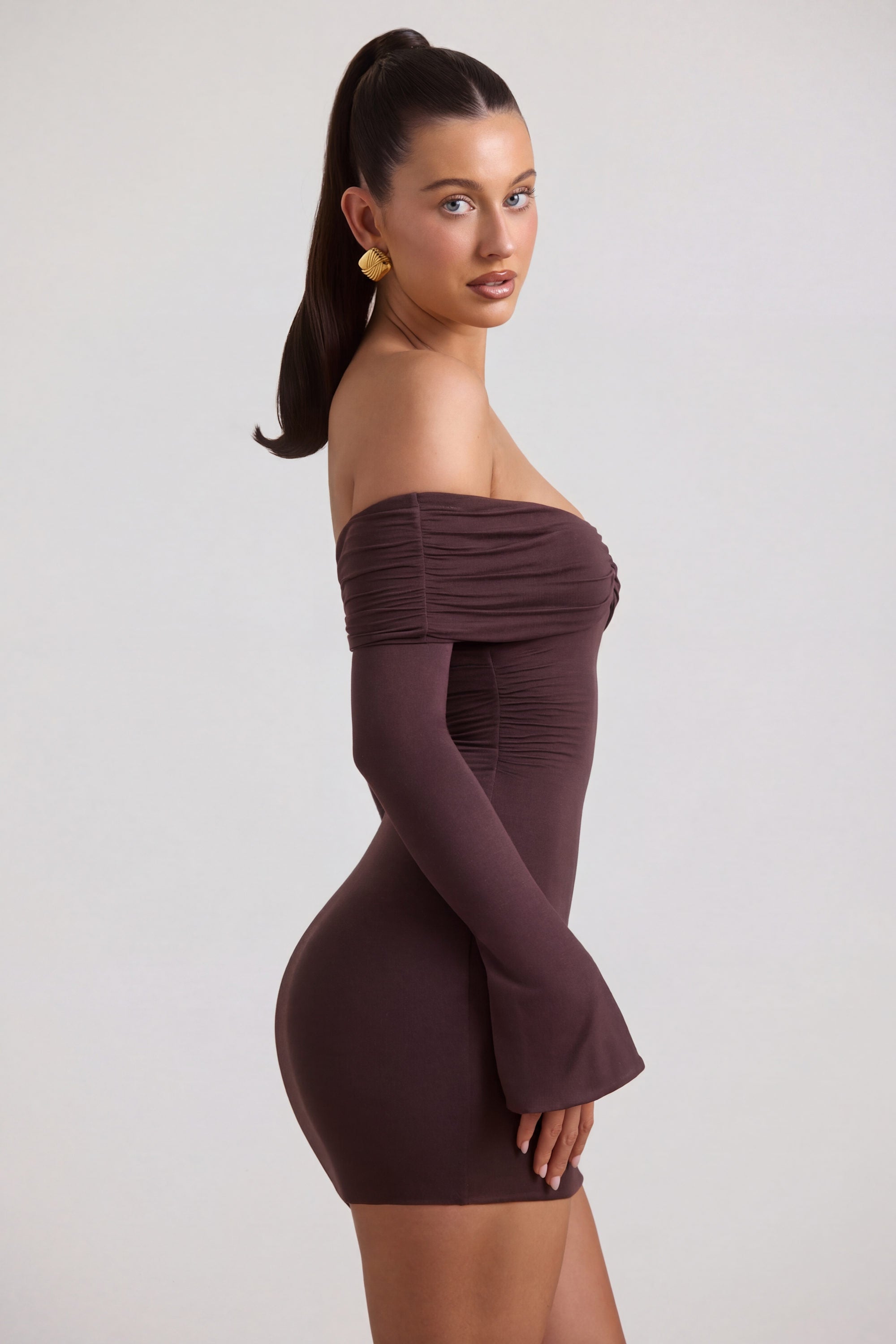 Modal-Cashmere Blend Off-Shoulder Ruched Mini Dress in Espresso