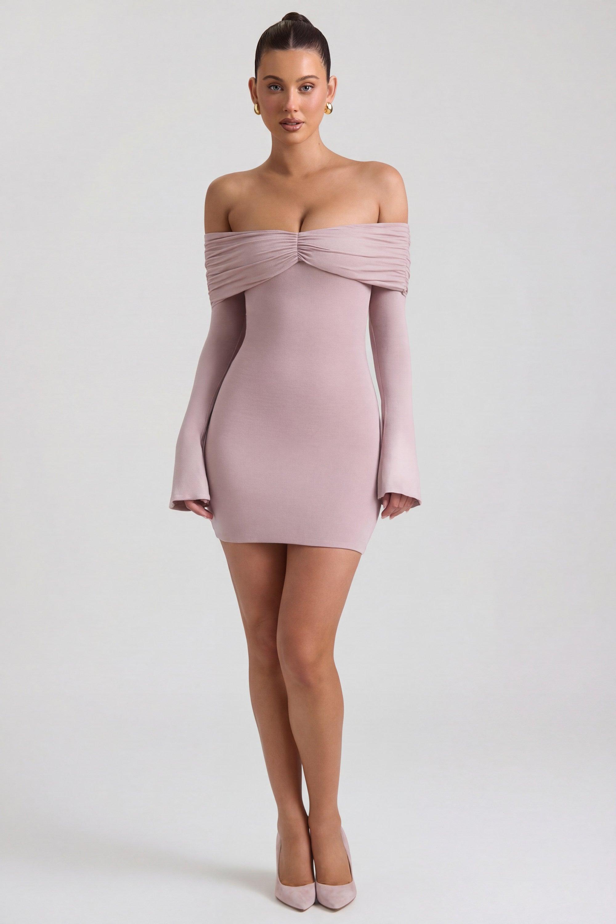 Modal-Cashmere Blend Off-Shoulder Ruched Mini Dress in Taupe