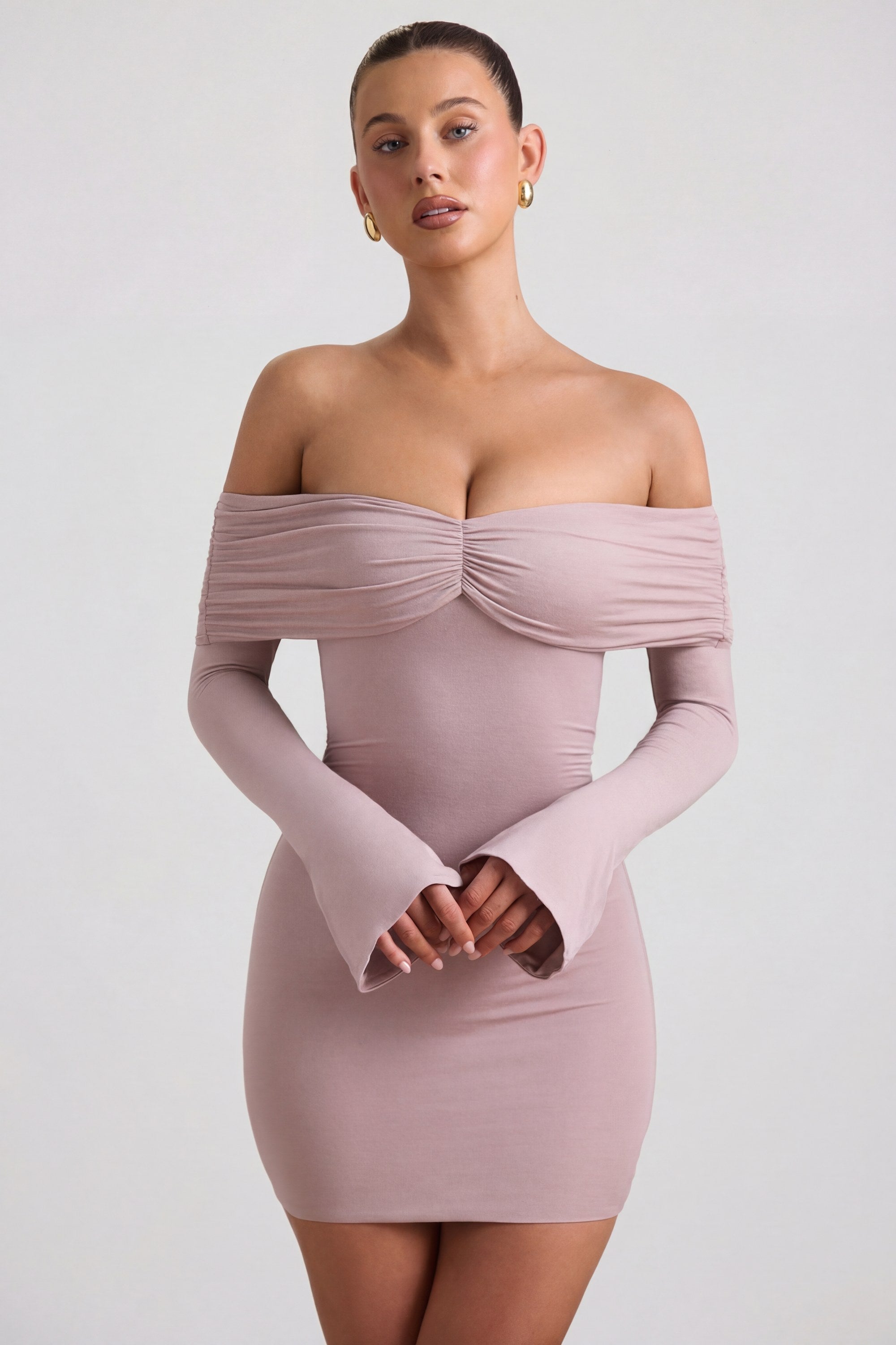 Modal-Cashmere Blend Off-Shoulder Ruched Mini Dress in Taupe
