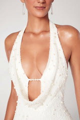 Deep Plunge Embellished Mini Dress in White