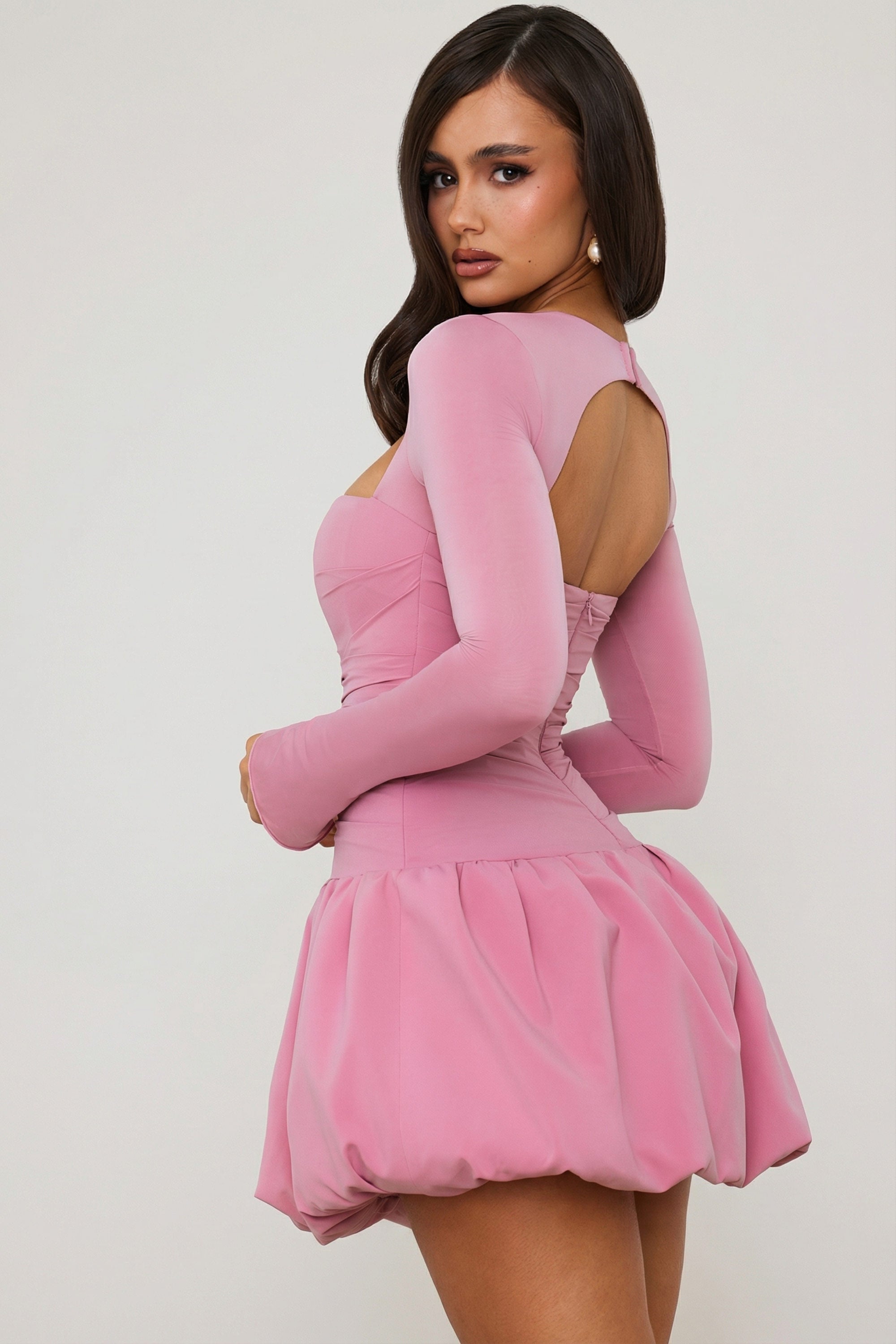 Long-Sleeve Bubble Hem Mini Dress in Mauve