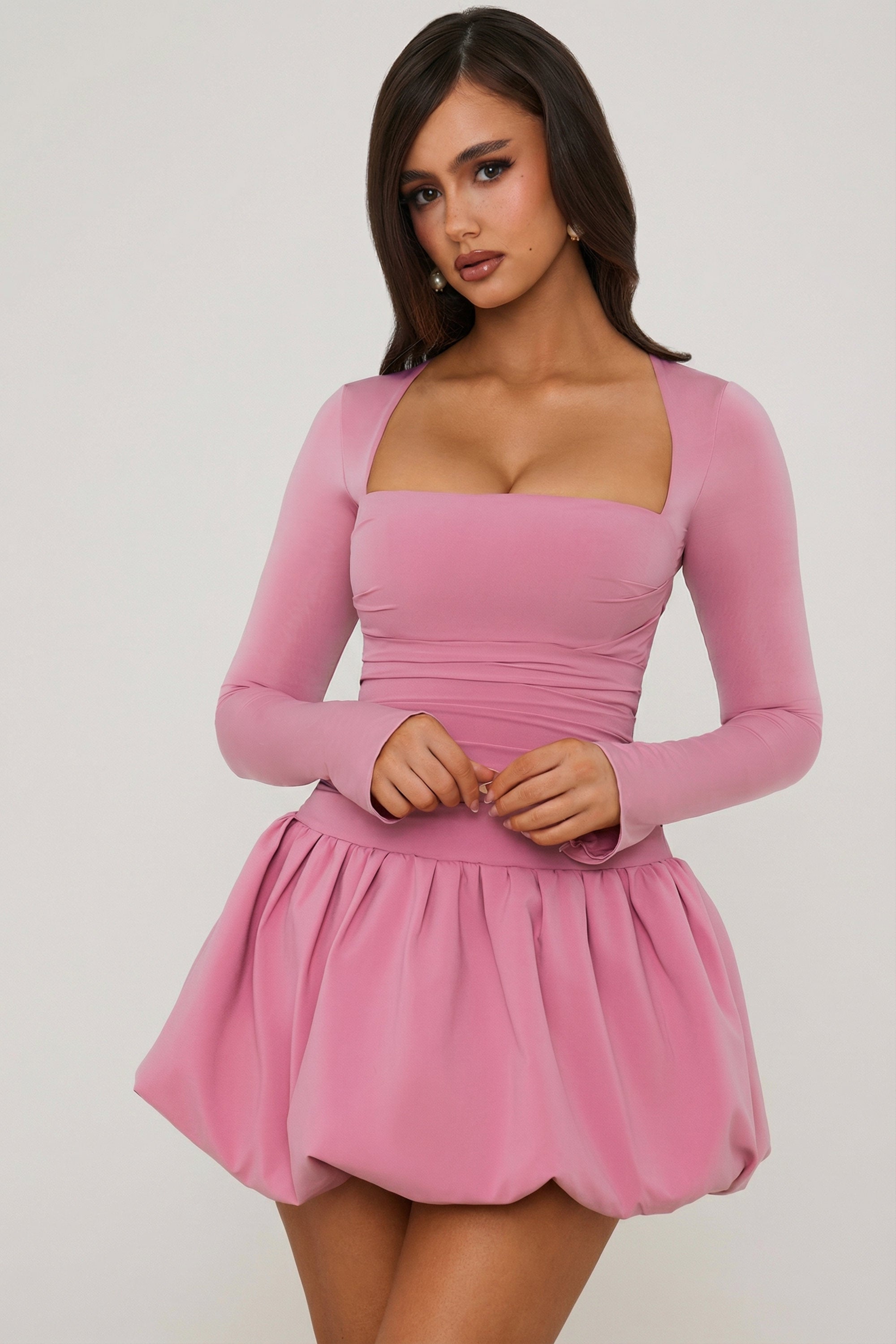 Long-Sleeve Bubble Hem Mini Dress in Mauve