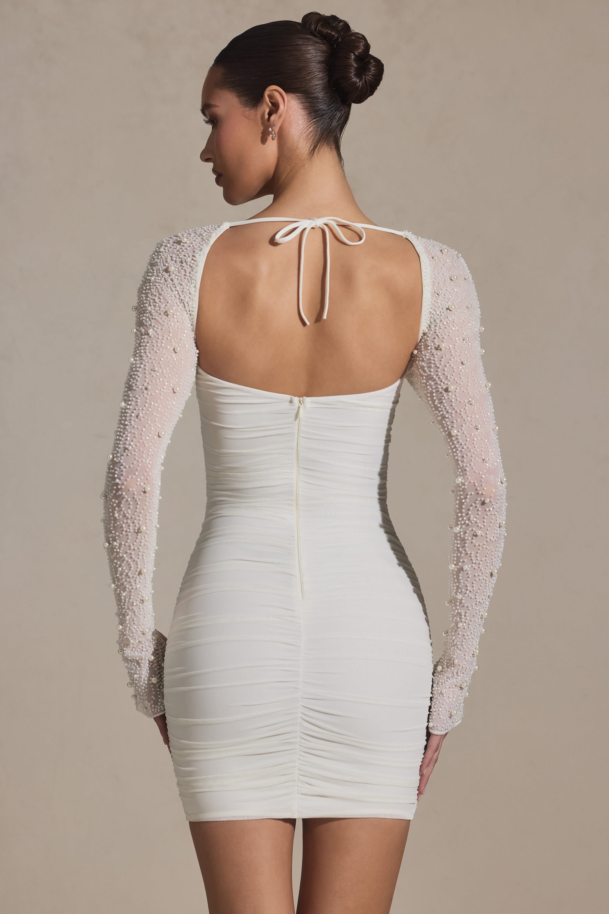 Embellished Long-Sleeve Mini Dress in White