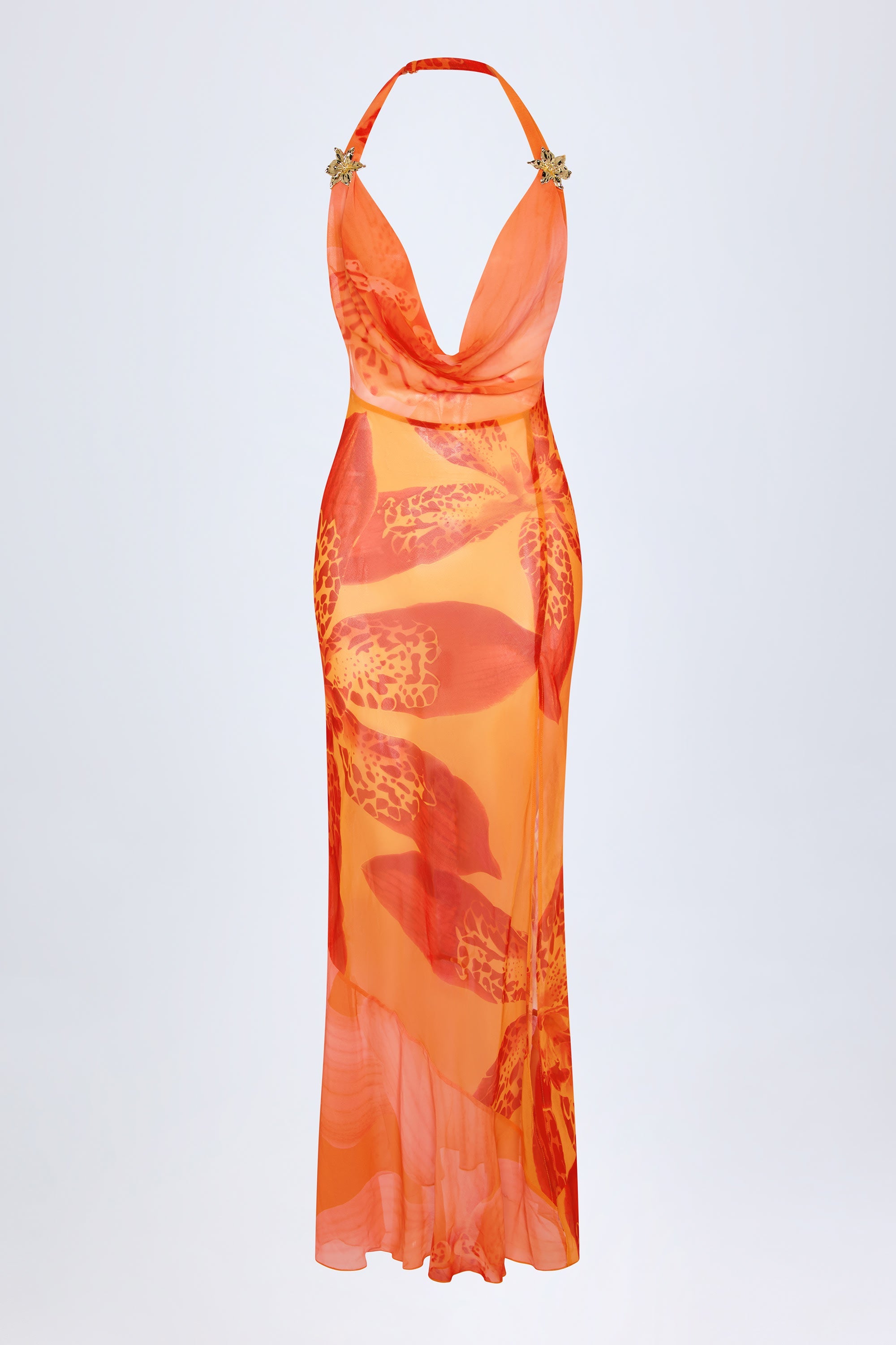 Cowl-Neck Hardware-Detail Maxi Dress in Orange Orchid Print