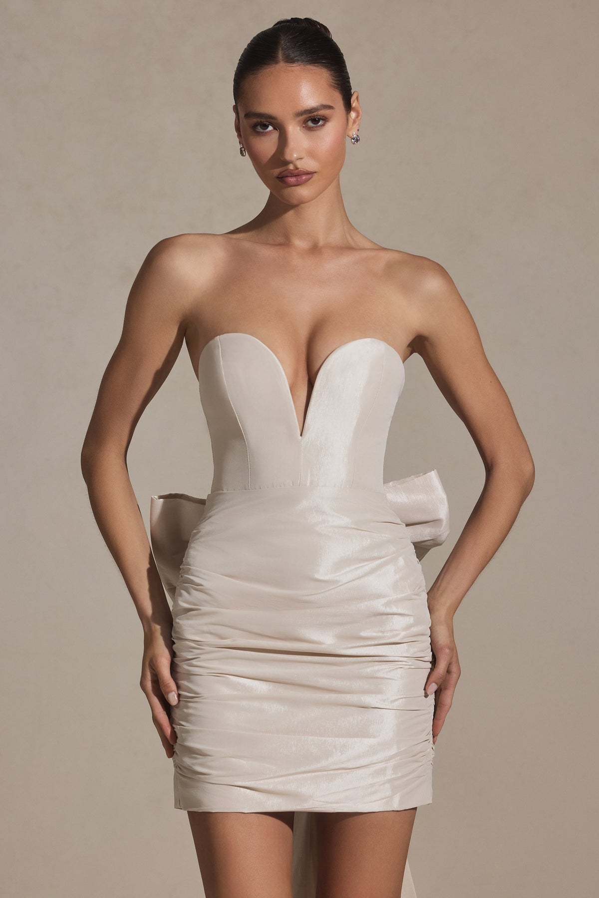 Satin Bow-Detail Strapless Mini Dress in Ivory