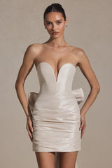 Satin Bow-Detail Strapless Mini Dress in Ivory